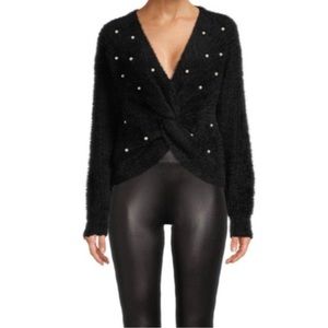 Jessica Simpson Black Cotton Knit Pearl Twisted Knot Sweater